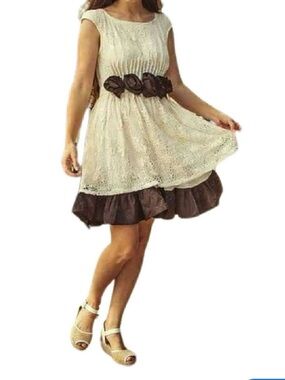 Y2K Anthropologie Ryu Dress Lace Beige And Brown Fabric Flowers Sz Large